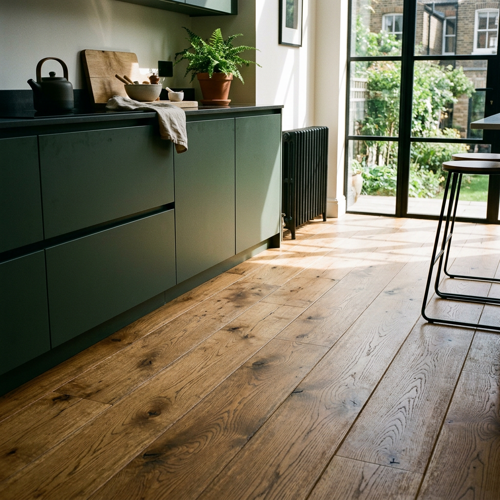 High-contrast shot of restored oak floorboards in a modern UK kitchen with Osmo Hardwax finish