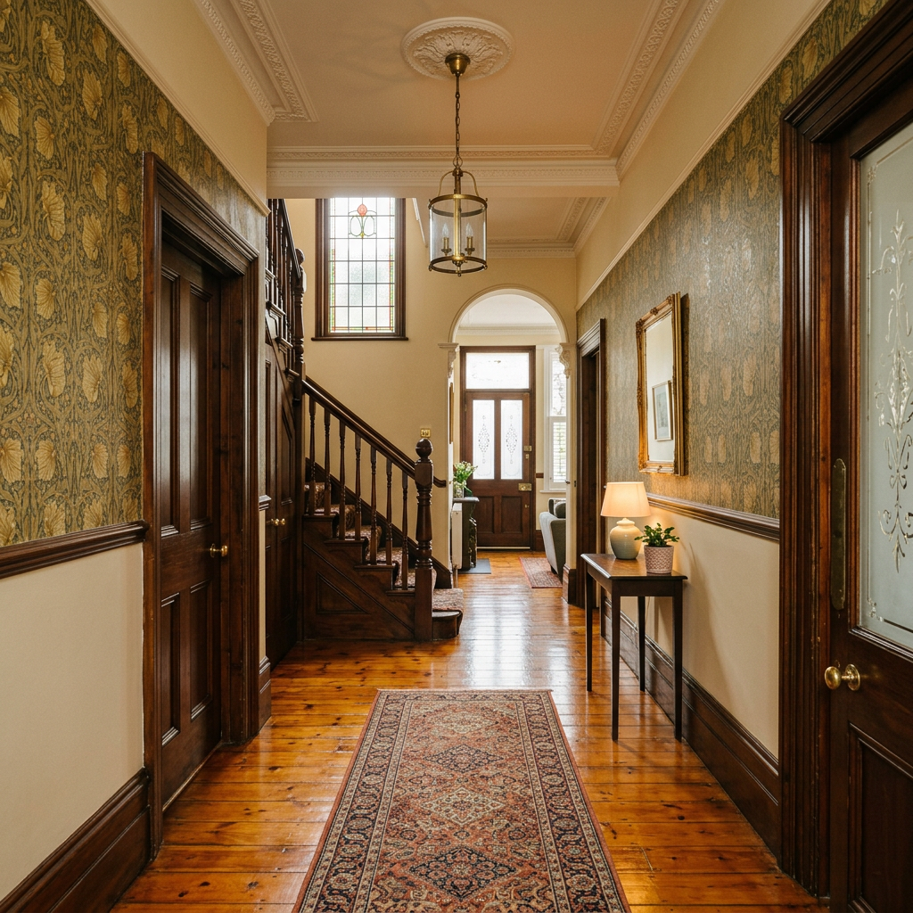 Restored Victorian pine floorboards in a classic UK hallway with architectural lighting